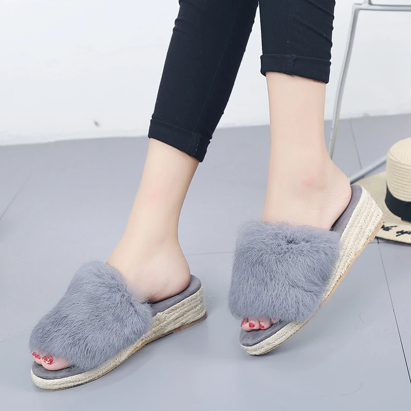

Lucyever Women Fur Fluffy Slippers Sweet Candy Color Plush Slides Leisure Wedges Slip On Summer Flip Flops Comfort Casual Shoes