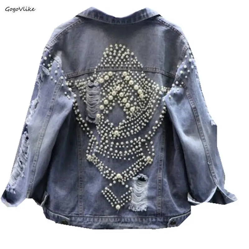 

Harajuku Beading Denim Jacket Coat Heavy Beaded Holes Pearls Jeans Jackets 2019 New Luxury Students Basic Coats Outfit LT549S50