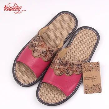 

Xiuteng 2020 Summer/Autumn Genuine Cowhide Leather Women House Slippers Flat Flax Shoes Indoor Feminina Sandals Slippe 3 Color
