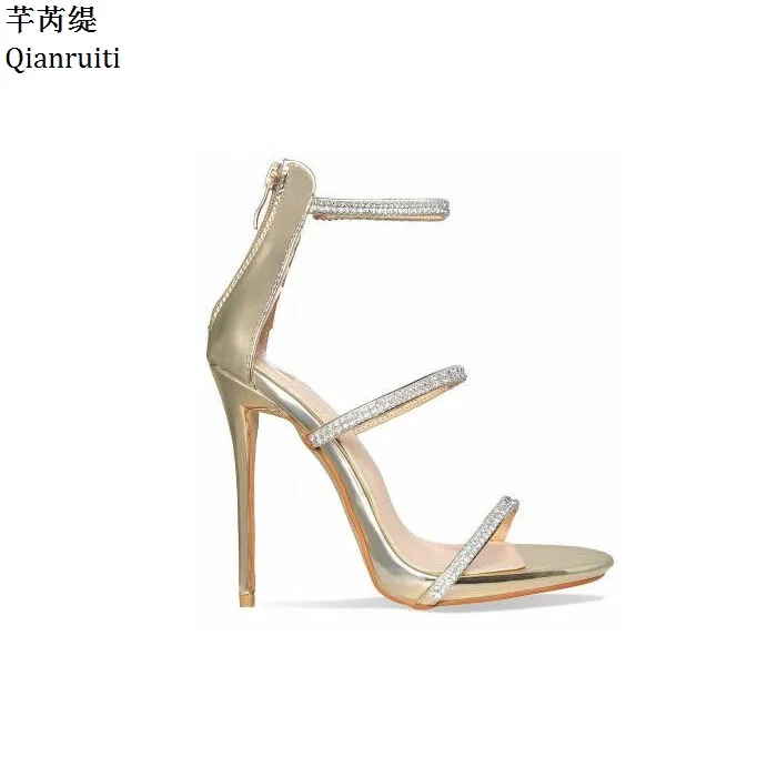 

Qianruiti Gold Silver Patent Leather Stiletto Heels Women Sandals Rome Style Cut-Outs Women Pumps Bling Crystal High Heels Shoes