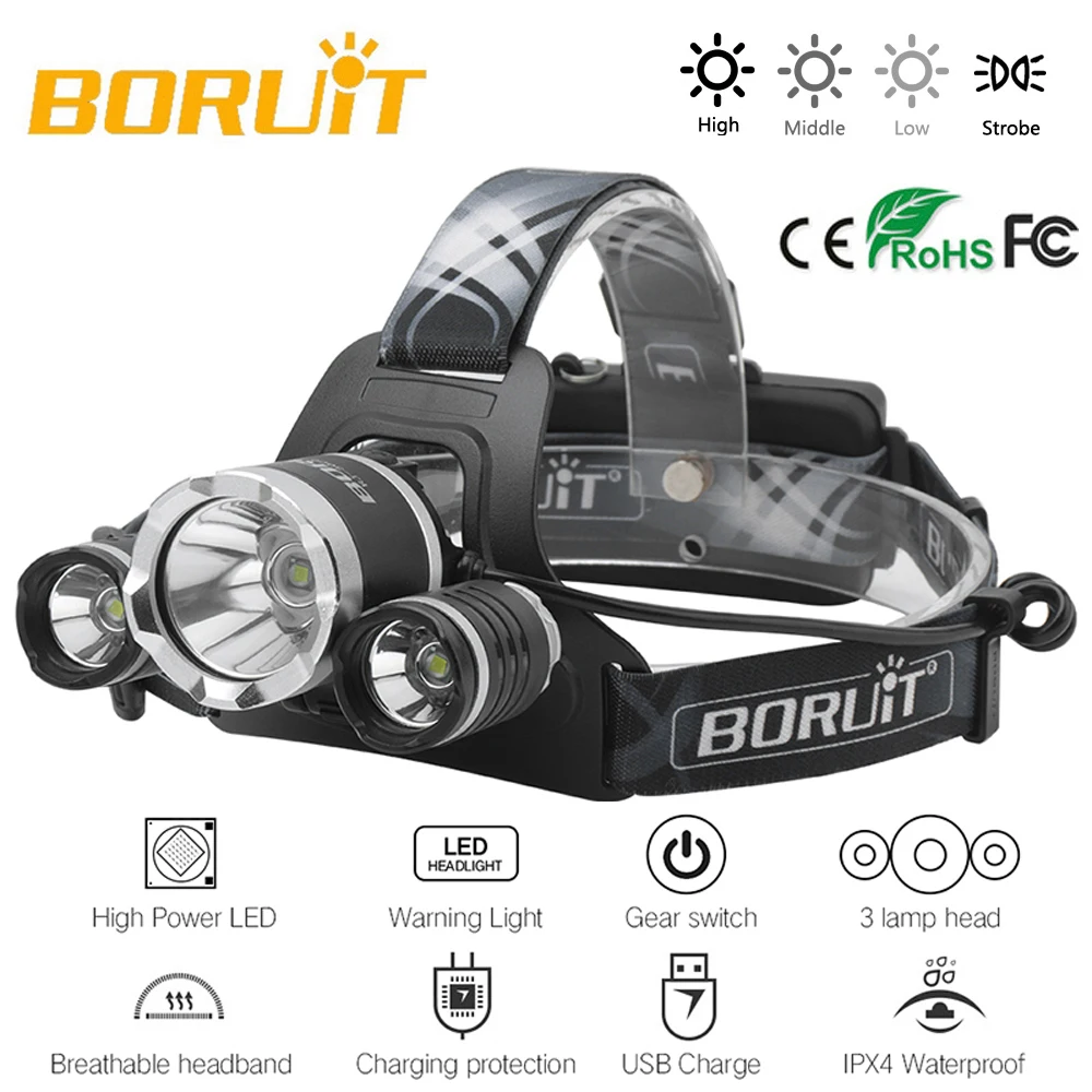 cheap BORUIT LED Micro USB Rechargeable Headlamp RJ 3000 Plus 3x XM L T6 2x18650 PCB Battery Head Touch USB Headlight Head Light Lamp