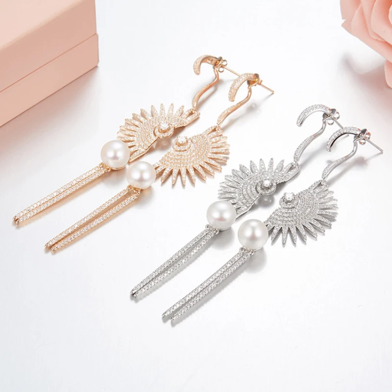 

Fits Monaco Jewelry with Ladies Jewelry Party Gift Charm 925 Sterling Silver Micro-set Zircon Fan-shaped Pearl Long Earrings