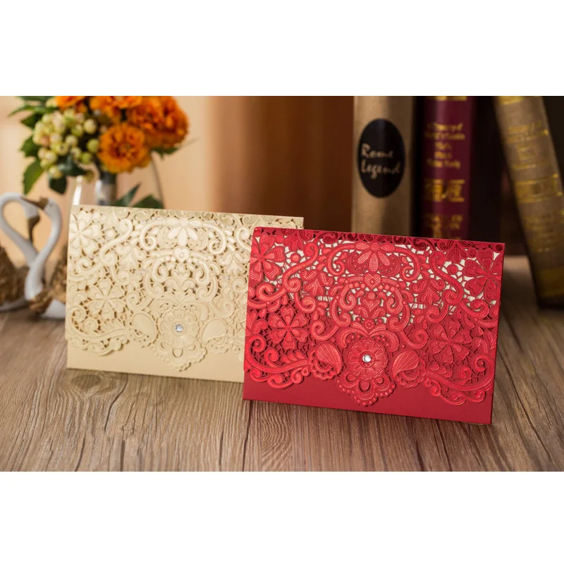 25pcs Gold Red Laser Cut Luxury Flora Wedding Invitations Card Diamond Baby Shower Decoration Event Party Supplies | Дом и сад