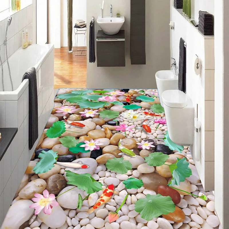 

Китайский стиль галька Лотос Карп 3D пейзаж пол плитка росписи обои ванная комната спальня ПВХ Водонепроницаемый виниловый пол наклейки