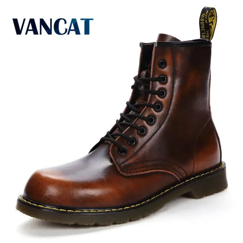 Vente Vancat 2018 Nouveau Automne Hiver Vache Split En Cuir Hommes Bottes Dentelle Up Garder Au Chaud En Peluche Neige Bottes Moto Cheville bottes Hommes Chaussures