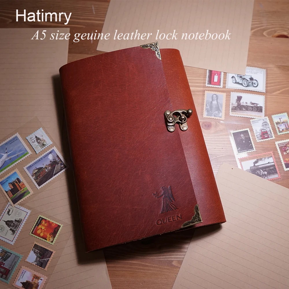 A5 Genuine leather business travelers lock notebook diary caderno escolar defter binder clip