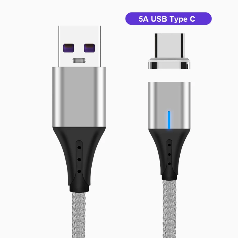 Silver Магнитный Кабель с разъемом usb type-C для быстрой зарядки huawei P20 Lite P30 Pro, кабель USB C для samsung Xiaomi, 5A - Цвет: Silver