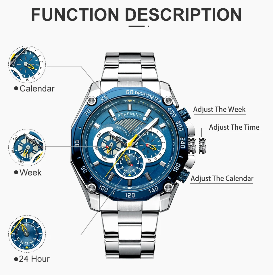 FORSINING Лидирующий бренд, мужские часы с автоматическим заводом, мужские Модные Серебристые синие автоматические механические часы, мужские роскошные деловые наручные часы