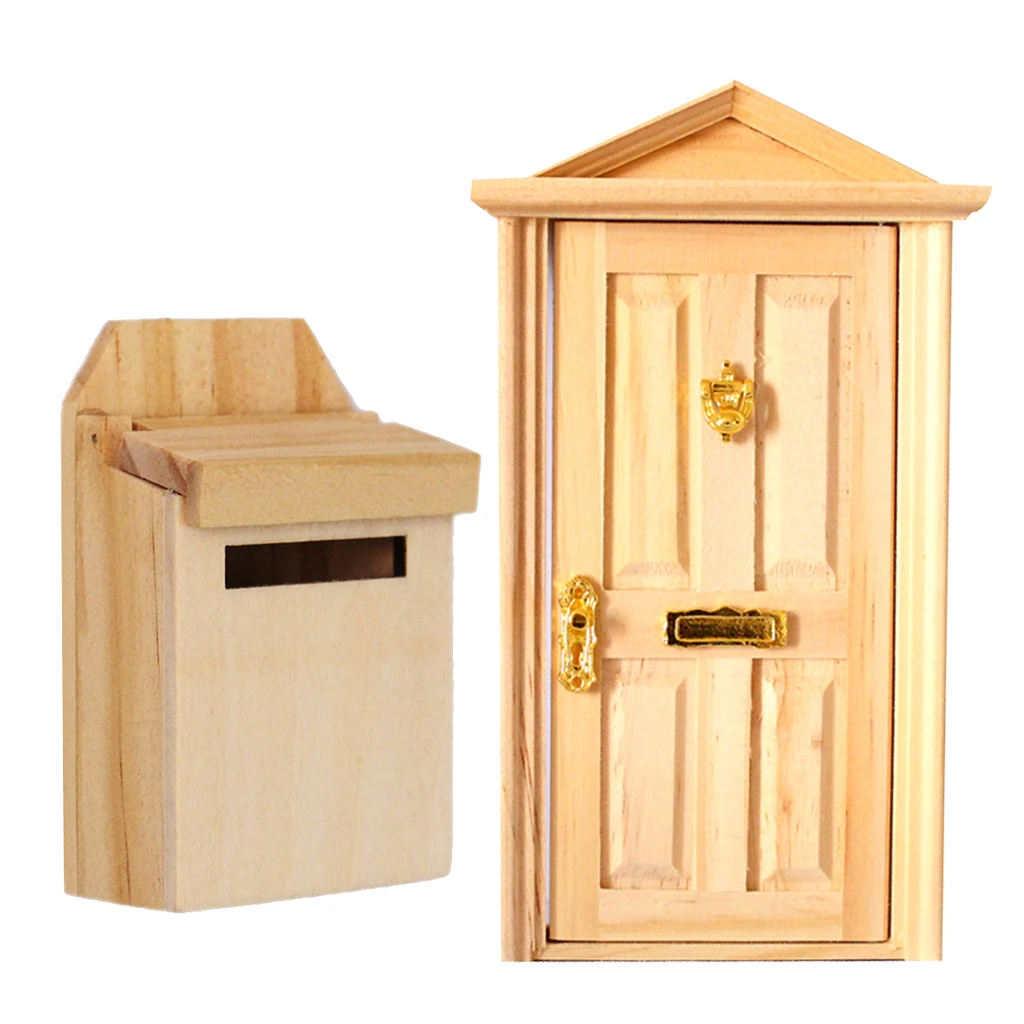 1:12 Dollhouse Miniature Accessory Wooden 4 Panels Door Outwardly Open & Mailbox Natural