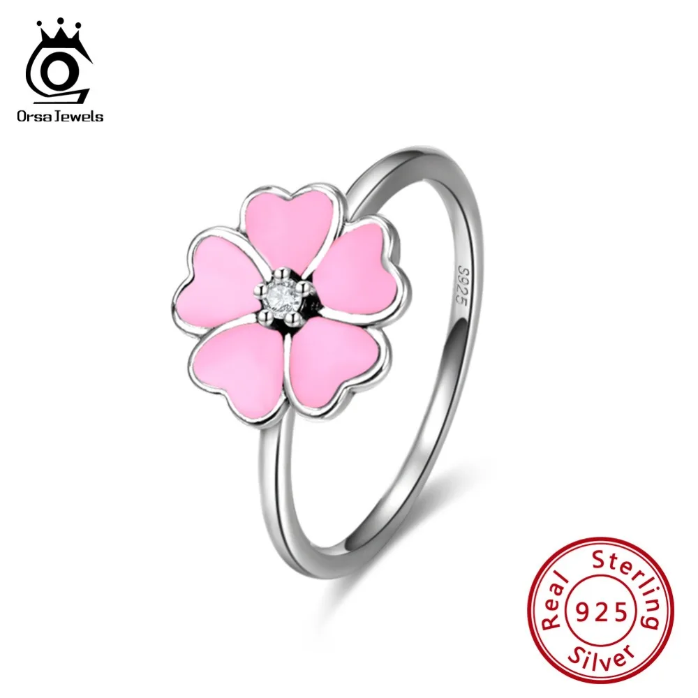 

ORSA JEWELS Genuine Female Rings 925 Sterling Silver Cubic Zirconia Flower Shape Cute Girls Ring Stylish Romantic Jewelry SR114