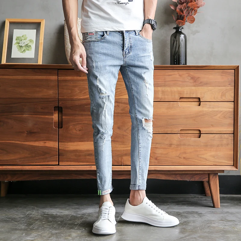 

Quality Ripped Jeans Men Summer All Match Hole Denim Pants Men Jeans Slim Fit Casual Men's Jeans Trousers Ankle Length 34-28 Hot