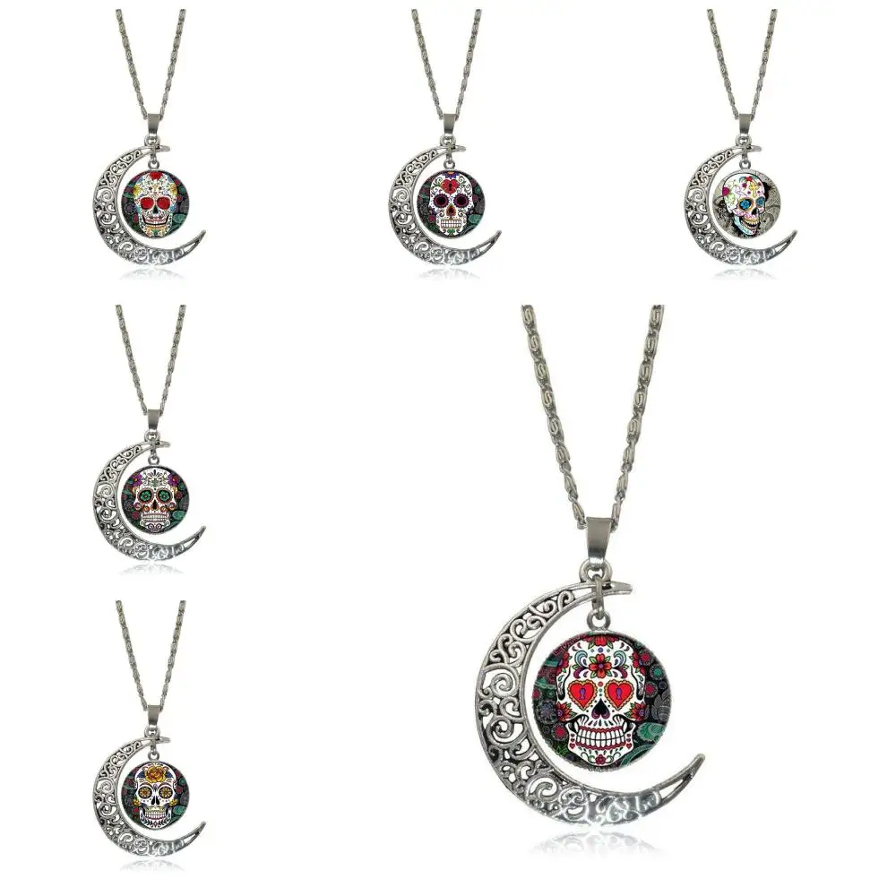 EJ Glaze Glass Cabochon Choker Moon Pendant Necklace Silver Color Jewelry For Women Girl Gift Mexican Sugar Skull | Украшения и