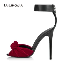 Пикантные красные бархатные Босоножки с открытым носком на высоком каблуке; женские черные летние туфли на каблуке с узлом; вечерние туфли с ремешком на щиколотке