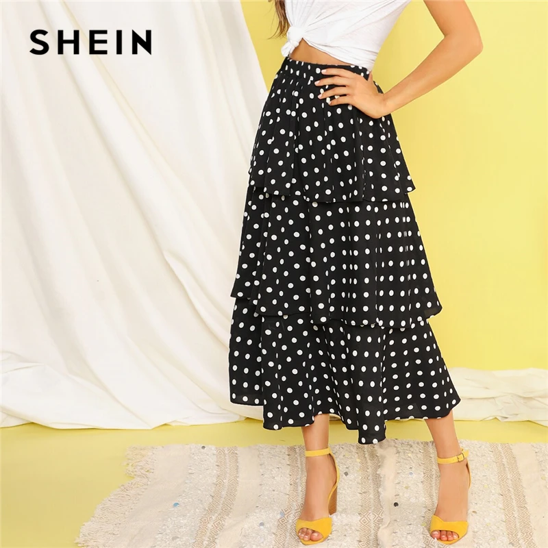 SHEIN Black Polka dot Print Layered Ruffle Casual Long Skirt High Waist ...