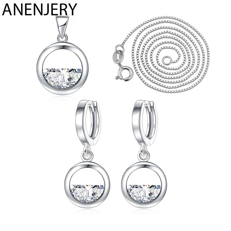 ANENJERY 925 пробы серебряные Ювелирные наборы круглой формы Циркон капли воды ожерелье+ серьги для женщин подарок