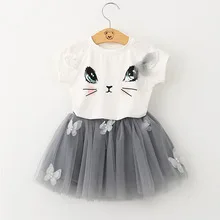 Коллекция года, новые летние комплекты одежды для маленьких девочек модные стильные футболки с рисунком котенка+ платье с вуалью Одежда для девочек из 2 предметов