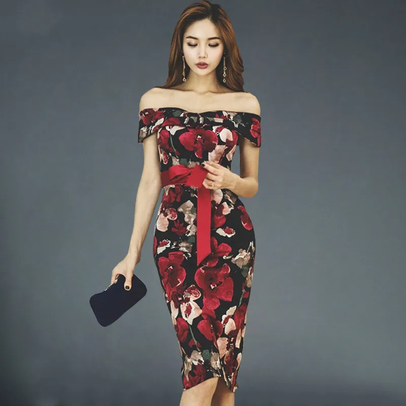 2018 Весна Для женщин Элегантный Лук с ретро Bodycon платья сексуальная Slash шеи офисные