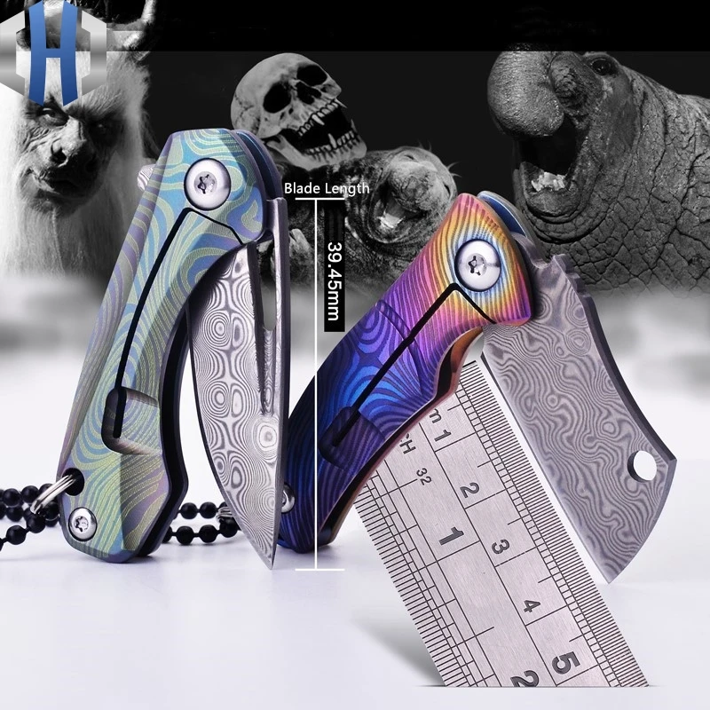 Mini Folding Paper Out Of The Box Folding Knife Pocket Carry EDC Key Ring Necklace TC4 Titanium Damascus Blade