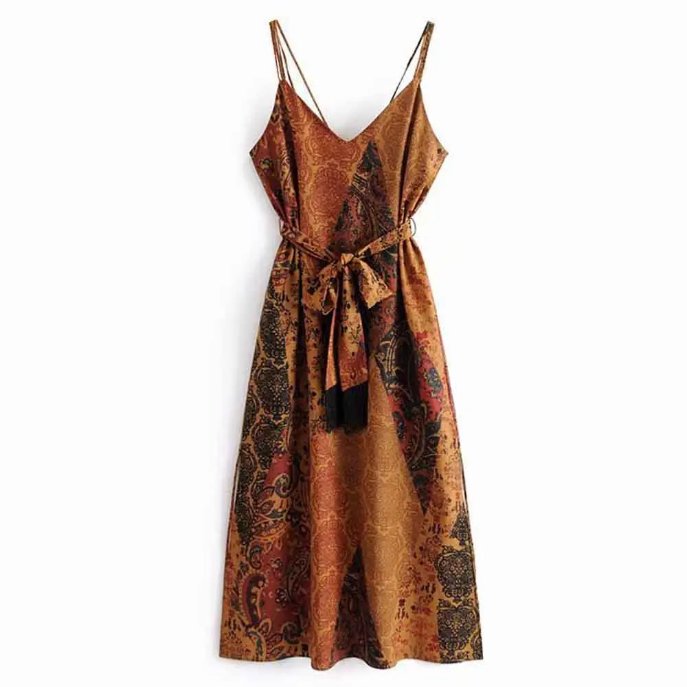

ANSFX Vintage Women Floral Totem Print Spaghetti Strap Sling Sleeveless Backless Sashes Tied Bow Tassel Side Slit Dress Vestidos