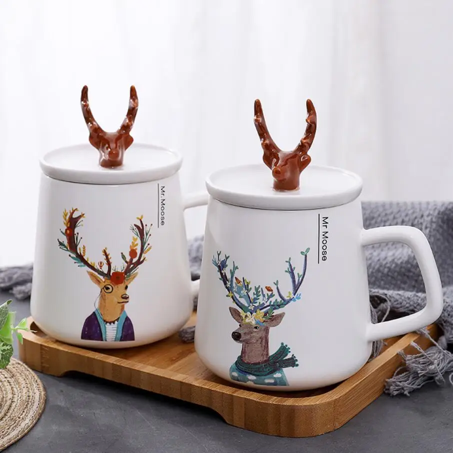 Nordic creative deerhorn керамическая с крышкой мультфильм студенческая пара водная чашка