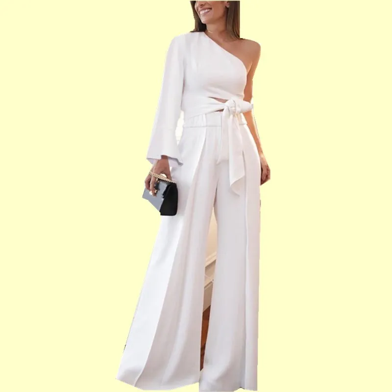 Elegant Office Lady High Waist Jumpsuit Female Casual Sashes Lace Up Wide Legs Rompers Sexy One Shoulder Long Sleeve Slim Party Elegant Office Lady High Waist Jumpsuit Female Casual Sashes Lace Up Wide Legs Rompers Sexy One Shoulder Long Sleeve Slim Party