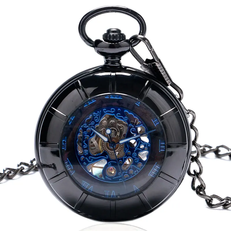 Черный полый корпус синий римские цифры Скелет стимпанк Механические карманные часы ручной обмотки с цепочкой подарок Для мужчин Для