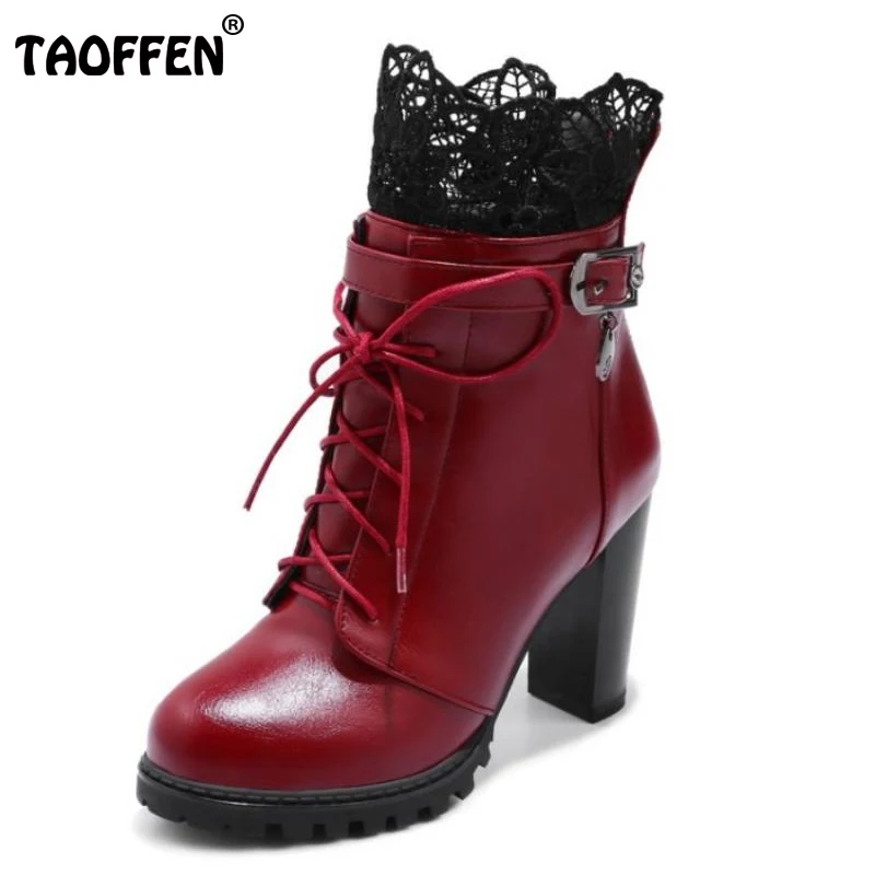 

TAOFFEN Size 33-43 Ladies High Heel Boots Women Round Toe Lace Platform Winter Warm Shoes Women Fashion Daily Party Footwears
