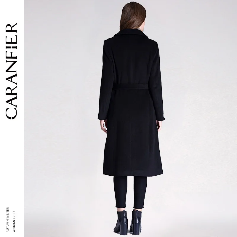 CARANFIER 2017 полушерстяные зимние женские пальто теплый воротник тонкий пояс черный