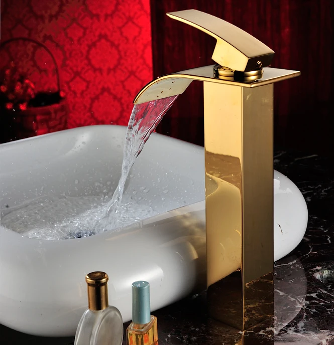 

Free ship Single Hole Bathroom Vessel Sink Square Faucet mixer tap gold clour