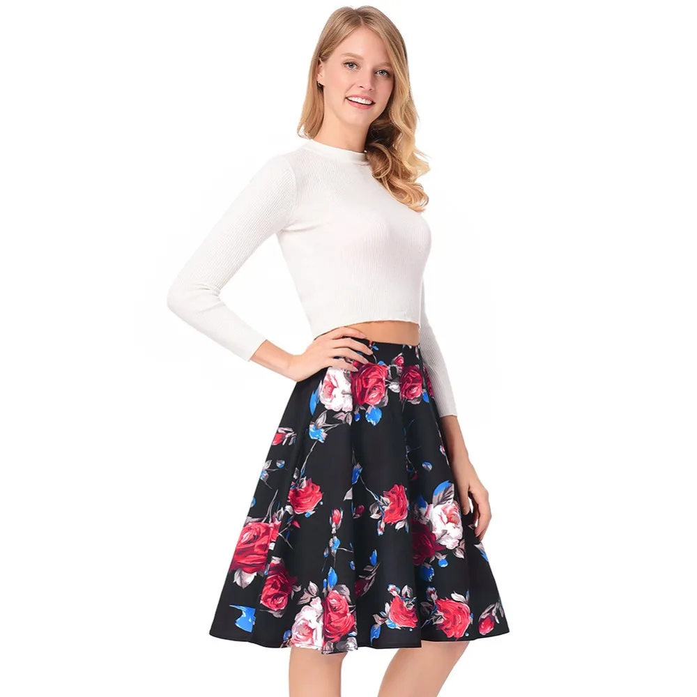 2019 spring summer new women's high waist A word skirt Retro red rose ...