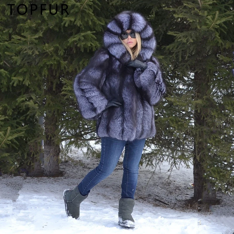 

TOPFUR NEW Real Fur Coat Women Luxury Winter thick Fur Jacket With Fur Hood High Quality Fashion Natural Silver Fox Fur Coat