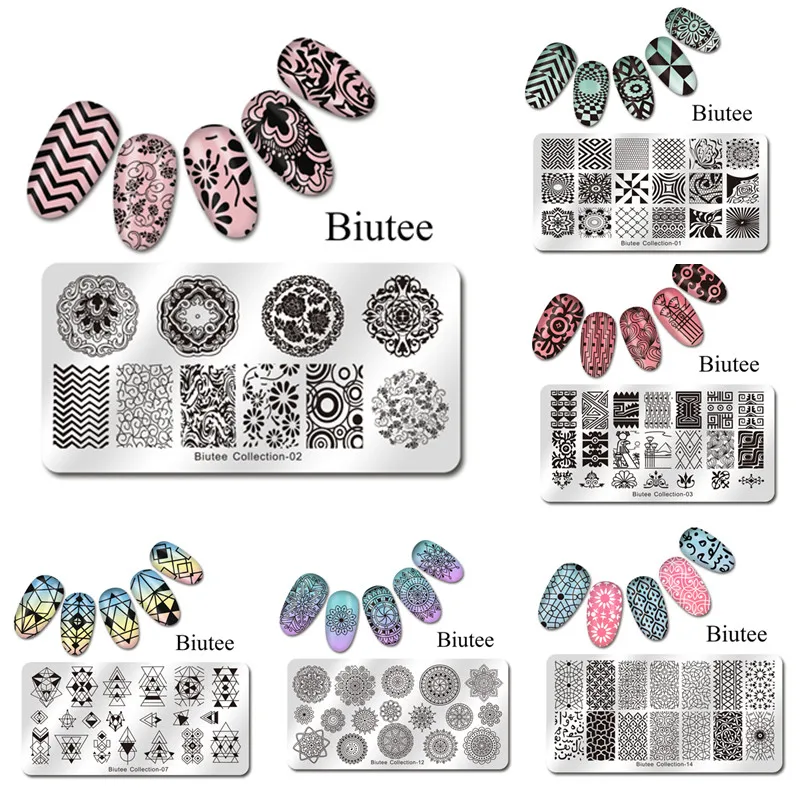1 шт Biutee прямоугольная штамповка для ногтей шаблон классический дизайн цветок буквенный штамп для ногтей 12*6 см штамповочная пластина 15 узоров