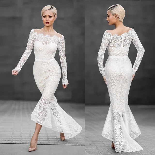 Luxury White Lace Sexy Party Long Dress Women Vintage Long Sleeve Elegant Evening Bodycon Dress 