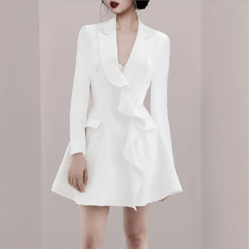 [EWQ] модное женское весеннее платье трапециевидной формы с оборками и v-образным вырезом, женская белая одежда с высокой талией и длинным рукавом TB515