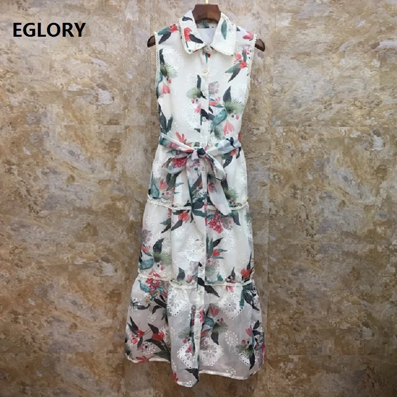 

Novia Party 2019 Summer Fashion Women Turn-down Collar Cute Birds Floral Print Sleeveless Single Breasted Mid-Calf Dress Runway