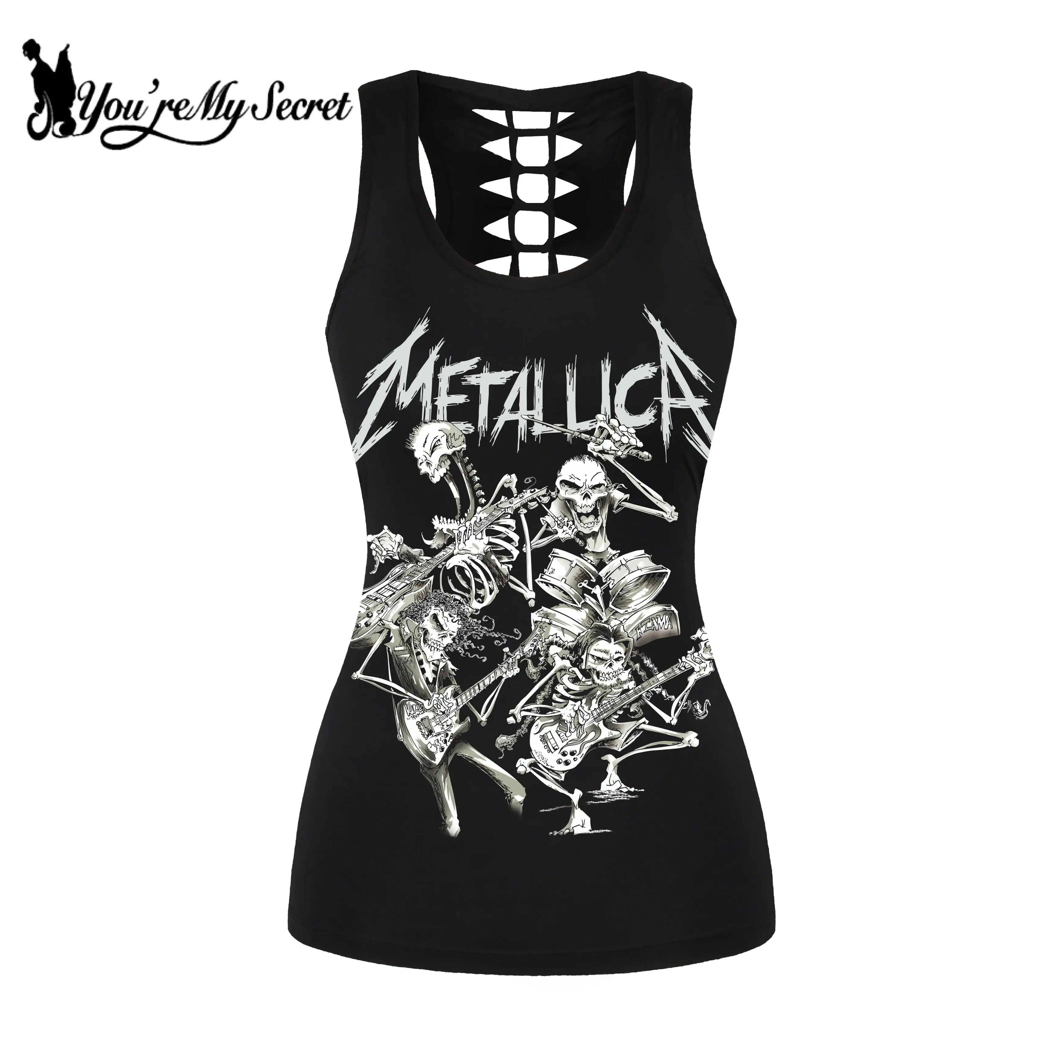 

[You're My Secret] Summer Women Vest Black Tank Top Rock Skull Punk Hollow Top Back Hollow out Sexy Female Top Clothing