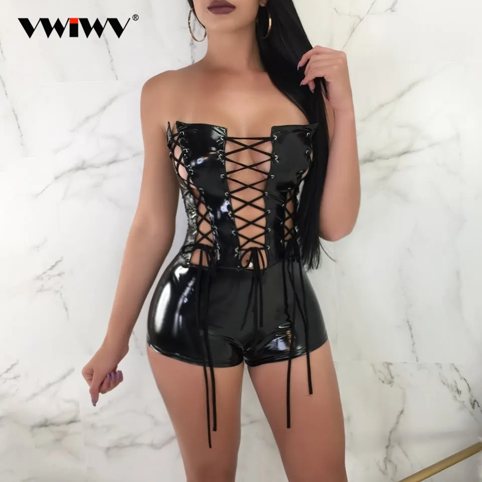 

VWIWV 2019 Fashion Lady Short Jumpsuit DeepV Lace up Strapless Hollow Out Rompers Off shoulder Zipper Summer Women Jumpsuits
