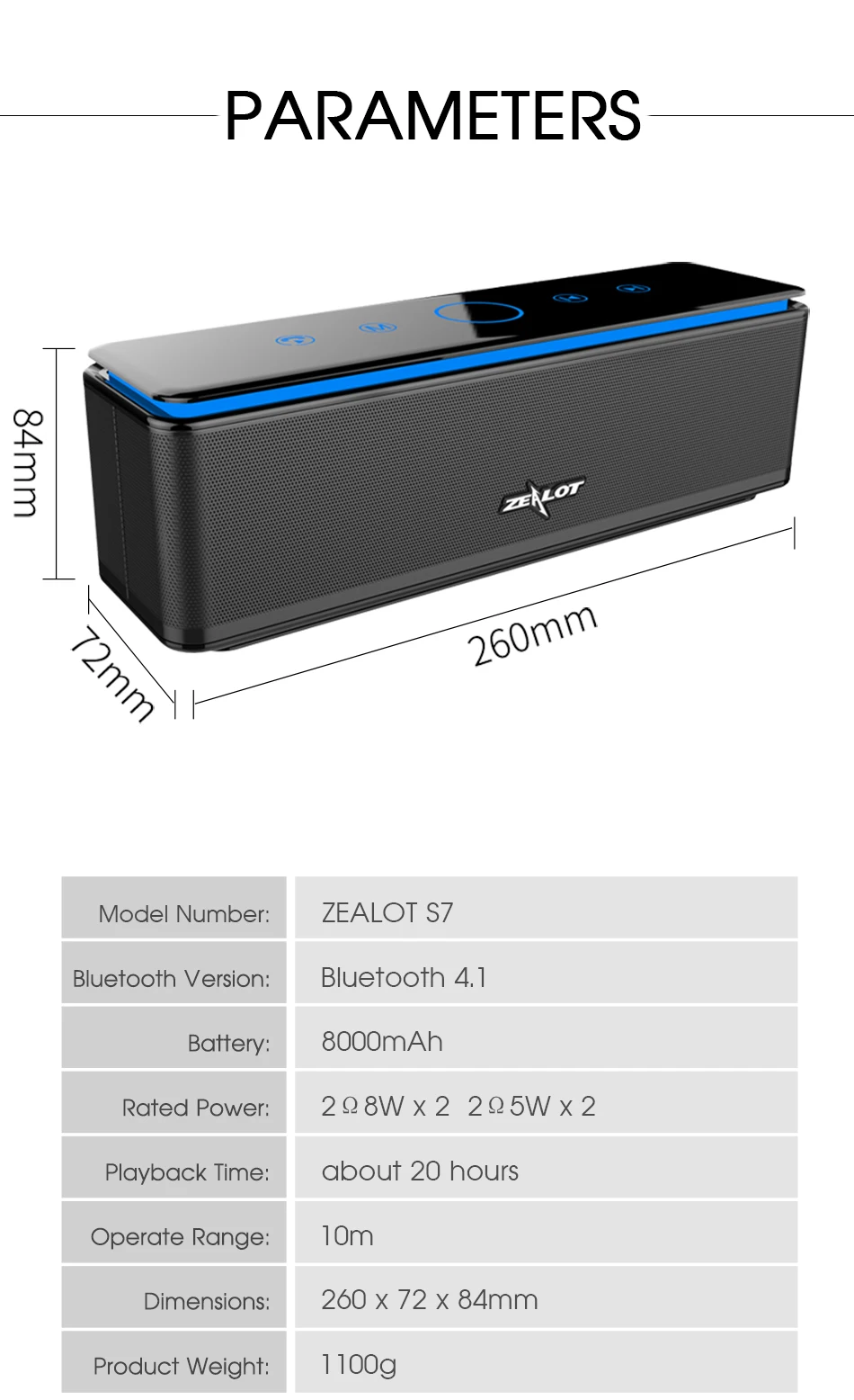 ZEALOT S7 3D бас стерео беспроводной динамик Bluetooth Саундбар сенсорное управление портативный 26 Вт AUX TF карта 20 ч воспроизведение