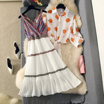 

Fashion Holiday Beach Dress Suit Womens Summer Bohemian Sling Sexy Dress + Print Short Shawl Shirts Sets Ladies Two Piece Sets