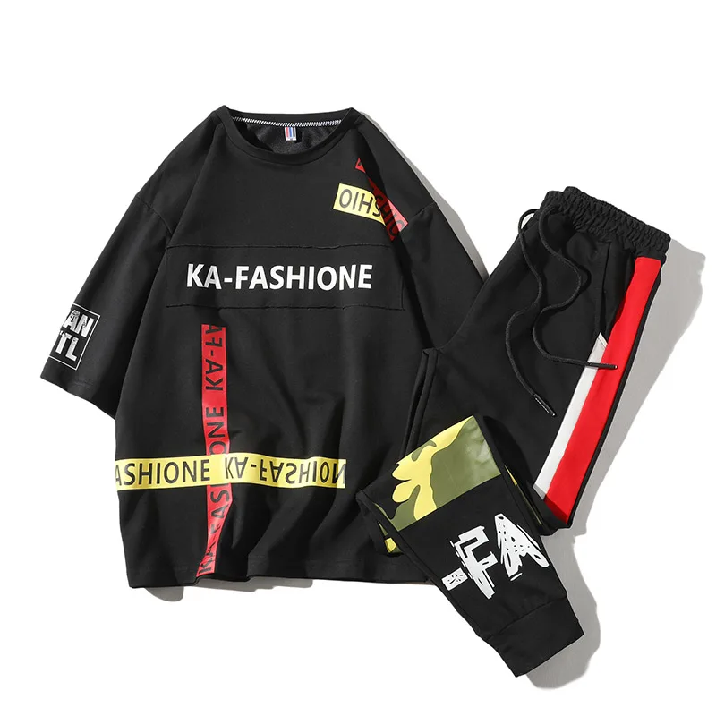 

summer men tracksuit printed streetwear ankle-length pants joggers sweatpants and short hoodies man suit LBZ80