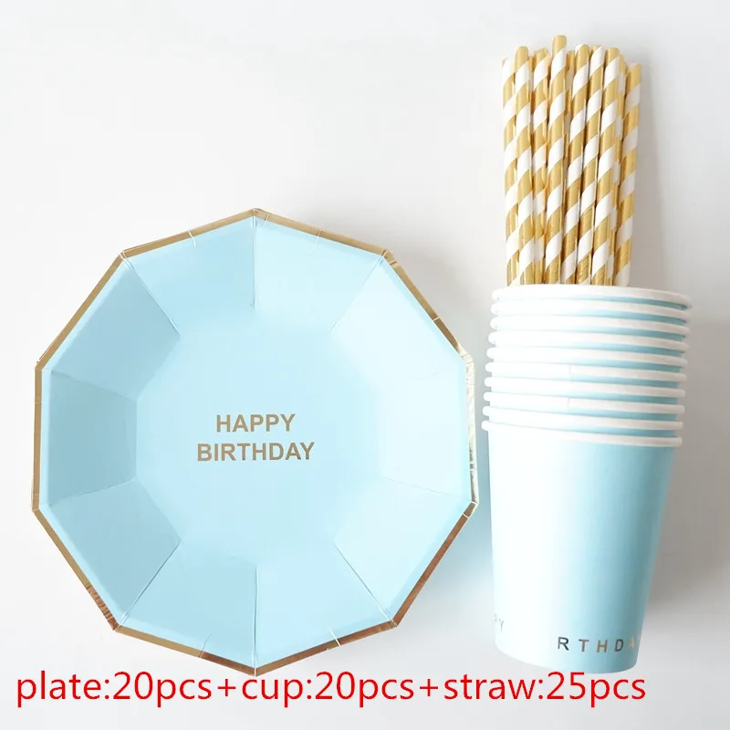 

65pcs/set Gold Foil Blue Disposable Tableware Christmas New Year Party Paper Plates Cups Birthday Party Supplies Plastic Straws