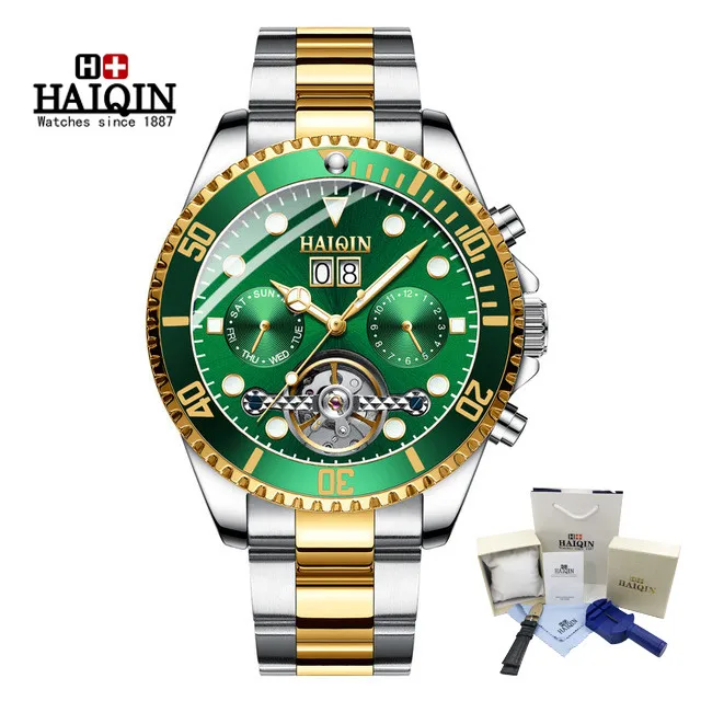 gold green HAIQIN мужские часы Топ бренд класса люкс Tourbillon механические часы для мужчин бизнес Нержавеющая Сталь военные часы Relogio Masculino - Цвет: gold green