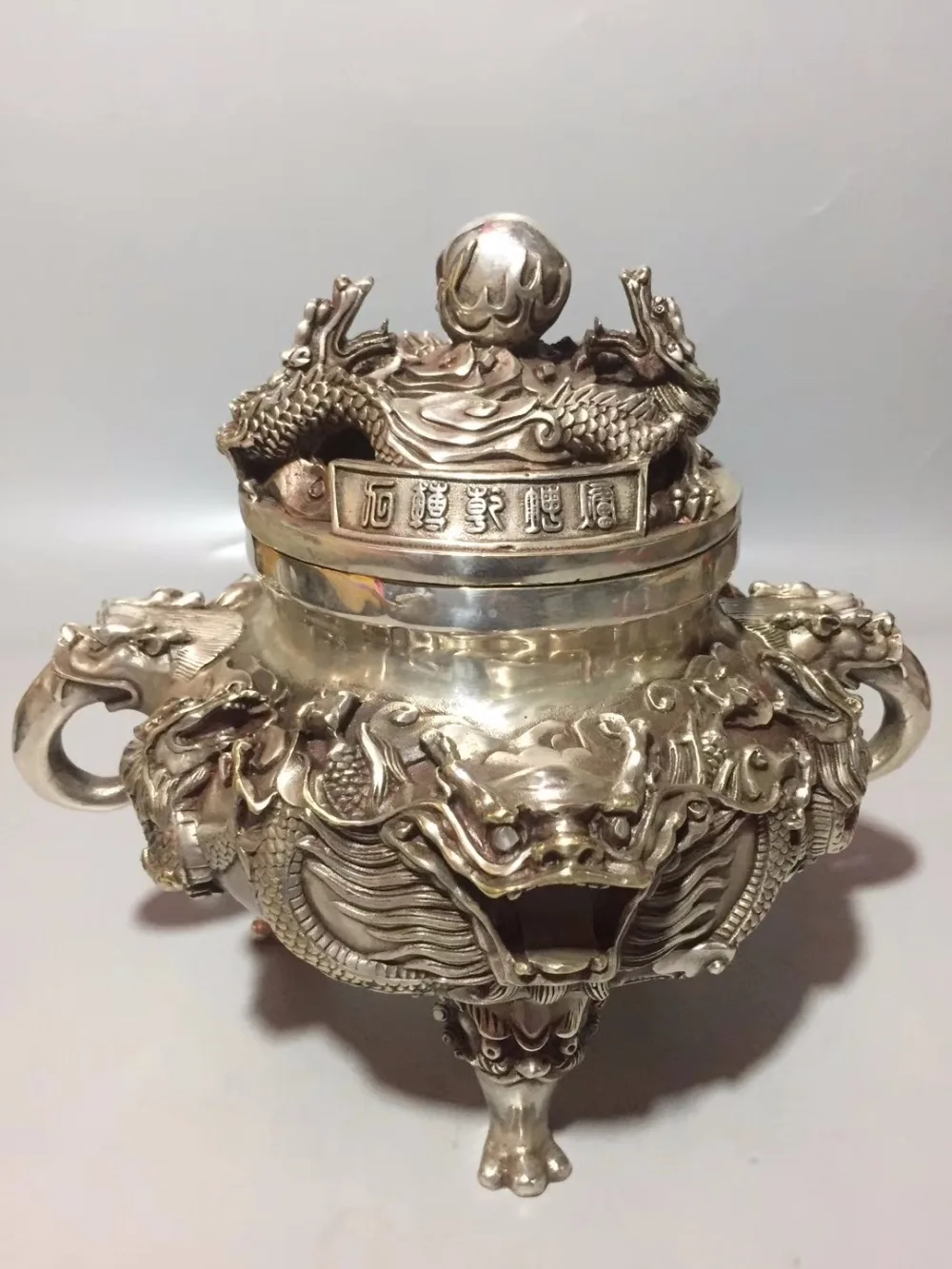 

SNS Asian Antique Hand carved white copper double dragon opera beads furnaces home decoration collection Art
