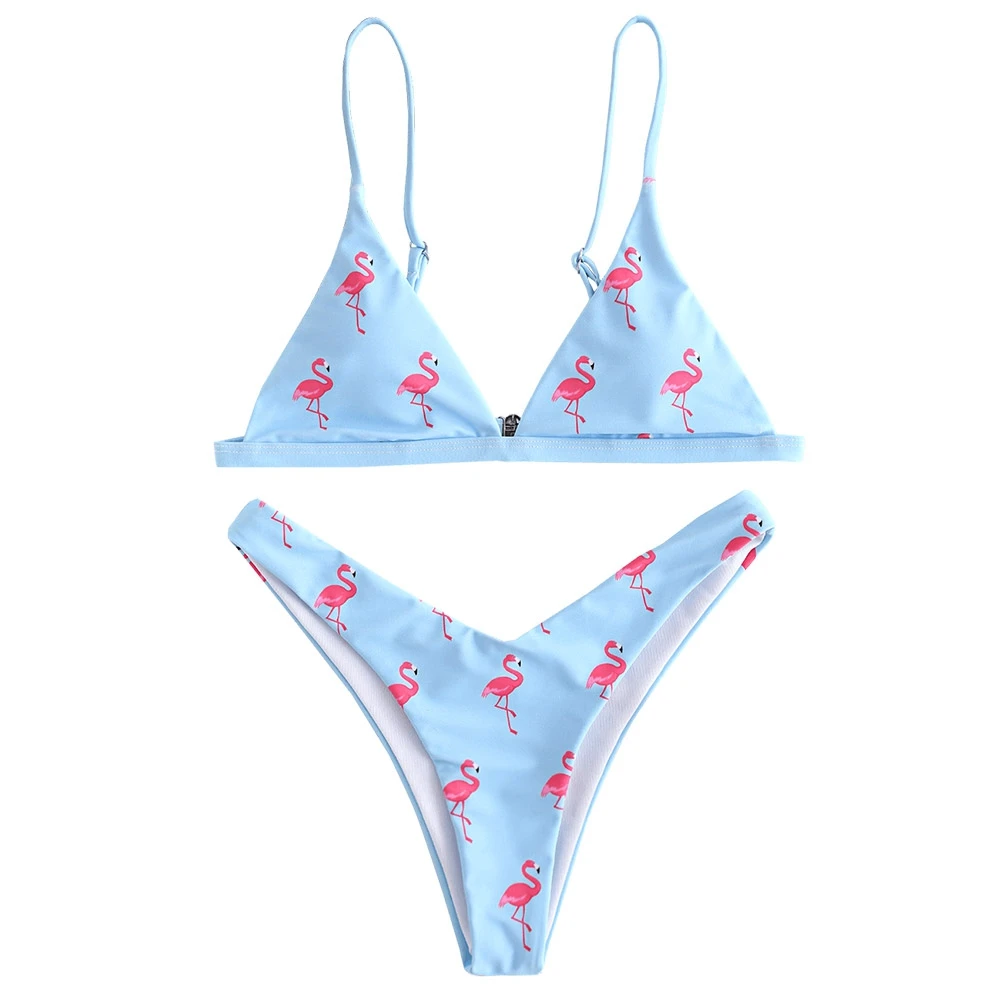 

Flamingo Printed High Leg Women Bikini Set Spaghetti Straps High Cut Bathing Suit Swimsuit High Leg Thong Bikini Push Up Bikini