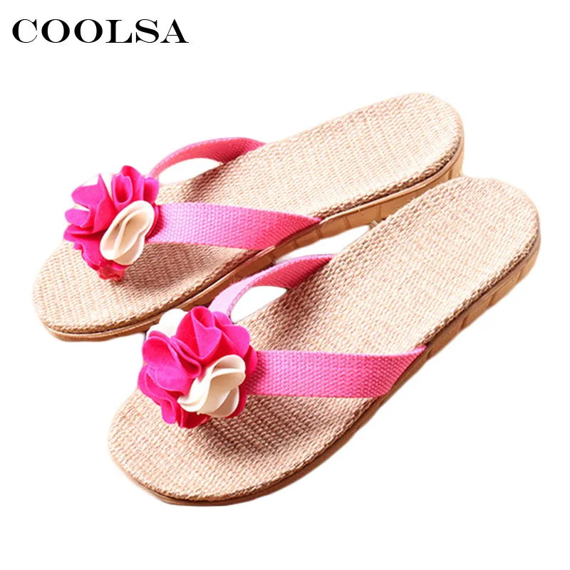 Coolsa/Новые летние женские льняные Вьетнамки с милыми цветочными лямками; шлепанцы на плоской подошве; нескользящий для дома; женские повседневные пляжные сандалии