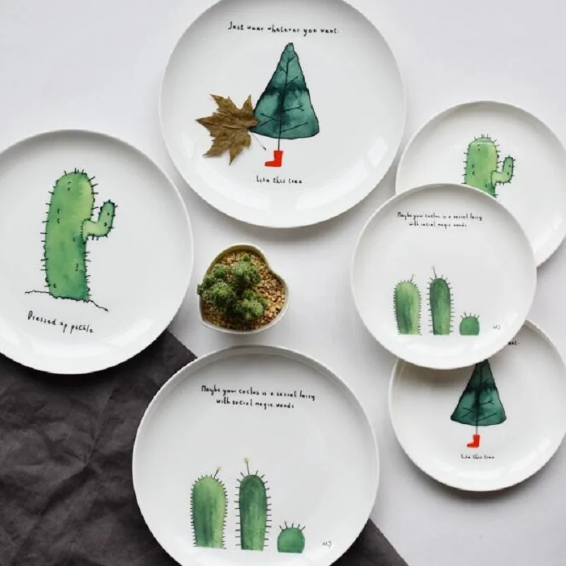 Dinner Plates Cartoon Cactus Printed 8*inch Bone China Cake Dishes Plate Porcelain Pastry Fruit Tray Ceramic Tableware For Steak