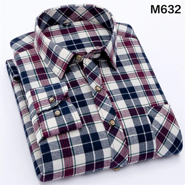 Весенне-осенняя фланелевая Мужская рубашка в клетку с длинным рукавом, мужские теплые повседневные рубашки из матового хлопка, Мужская Облегающая рубашка в клетку - Цвет: M632