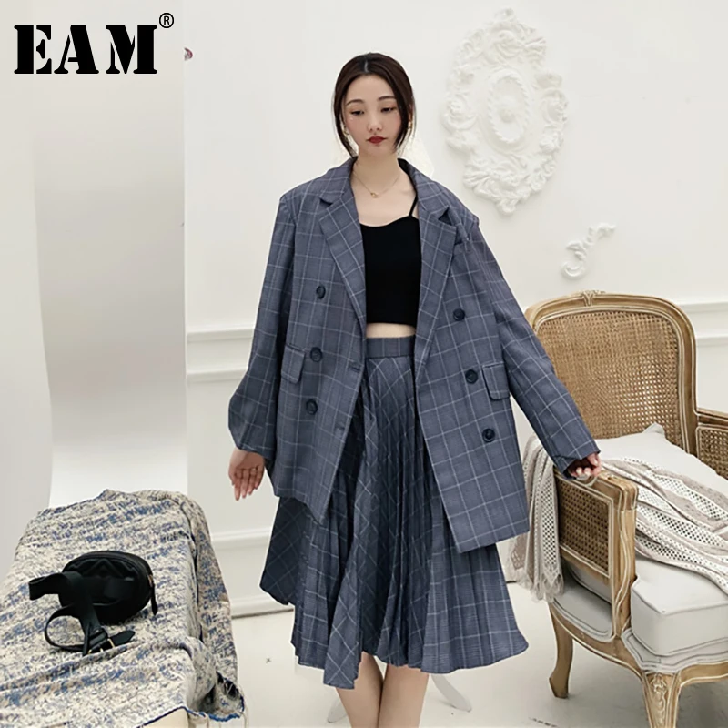 

[EAM] 2019 New Spring Lapel Neck Long Sleeve Loose Button Pleated Pockets Half-body Skirt Two Piece Suit Women Fashion JY106