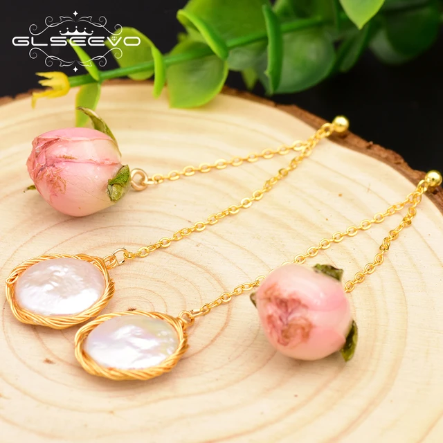 GLSEEVO-pendientes colgantes de flor para mujer, perlas barrocas de agua dulce Natural originales hechas a mano, joyería personalizada para fiesta, GE0492 GLSEEVO-pendientes colgantes de flor para mujer, perlas barrocas de agua dulce Natural originales hechas a mano, joyería personalizada para fiesta, GE0492