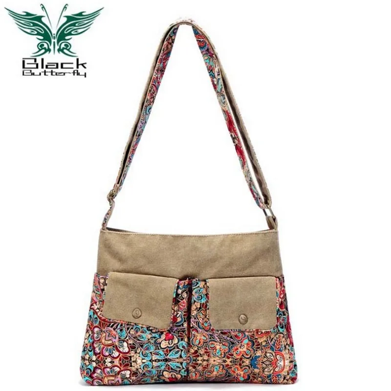 

Black Butterfly original design Ethnic Style Canvas Print Flower Female Casual Shoulder Bag Women Vintage Messenger Bag